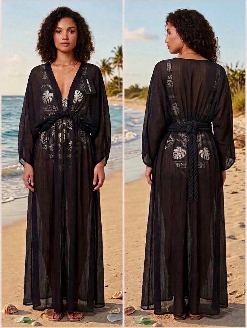 NWT PrettyLittleThing Black Textured Chiffon Twist Boho Beach Maxi Dress Size M⁠